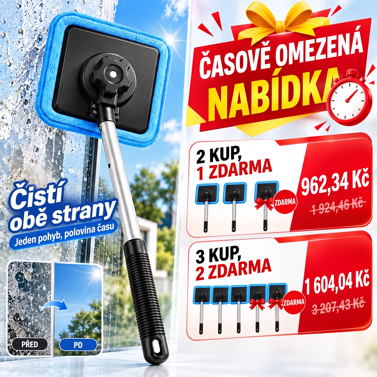 Univerzální magnetický čistič skla — oboustranné čištění, omyvatelné podložky a všestranné použití doma i v autě | Jedna sada. Čistší sklo. Méně námahy. 💎
