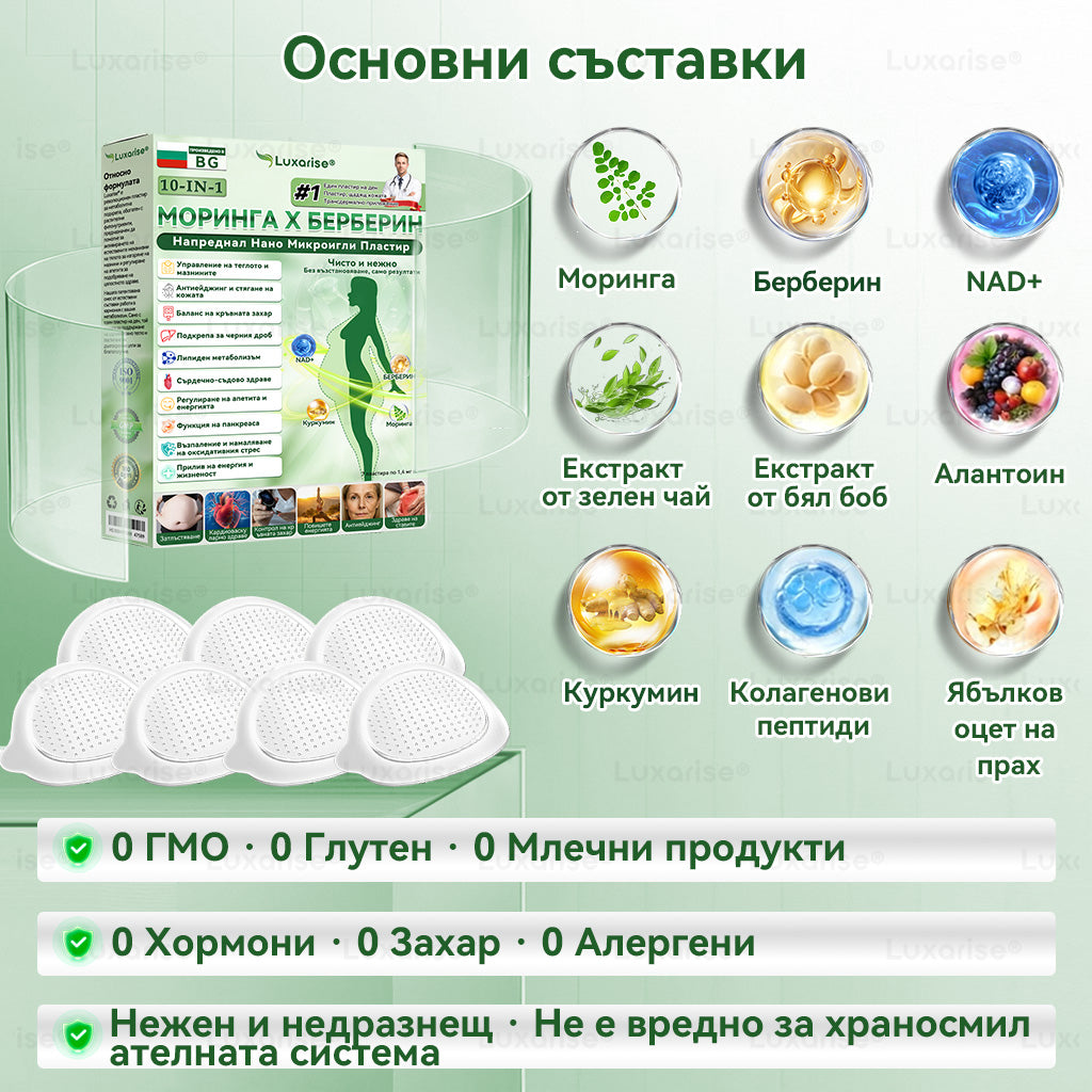 Официален магазин  | 🧽 𝑳𝒖𝒙𝒂𝒓𝒊𝒔𝒆® Моринга X Берберин 10-In-1 Напреднал Нано Микроигли Пластир (Един път на ден, видими промени за 7 дни）✅ Ожиряване, диабет, сънна апнея и проблеми със ставите.