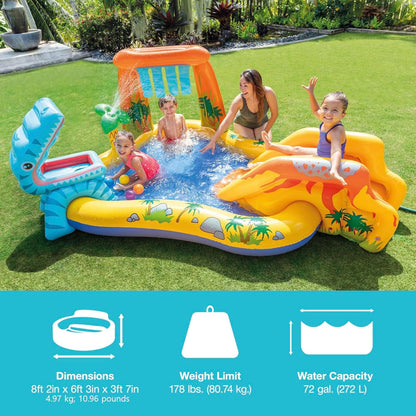Inflatable Dinosaur Play Center Outdoor Playhouse Inflatable Water Park with Kid Pool Slide, Water Sprayer, Waterfall, and 6 Balls, Multicolor